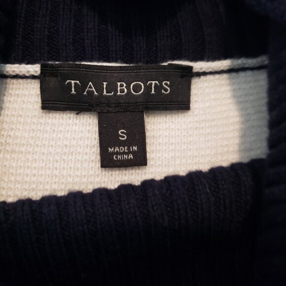 Talbots Poncho Sweater Caplet Navy Blue/White Striped Faux Wrap Cowl Neck Size S - Picture 14 of 14